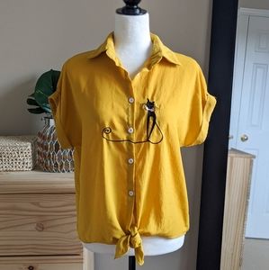 Mustard Yellow Embroidered Black Cat Blouse XL